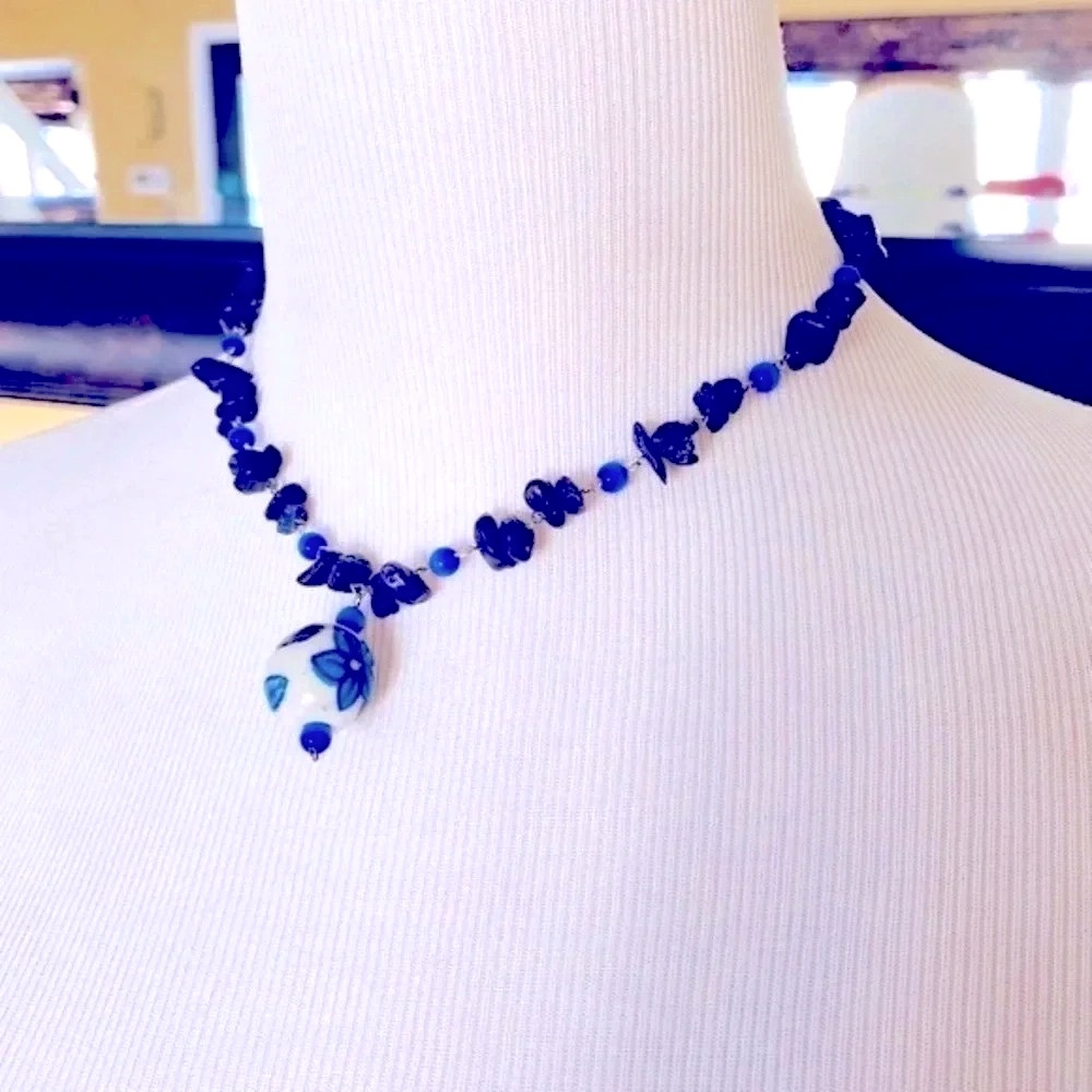 Zad Fashion Jewelry Blue Mini Stone Necklace with Porcelain Style Bead - Picture 4 of 4